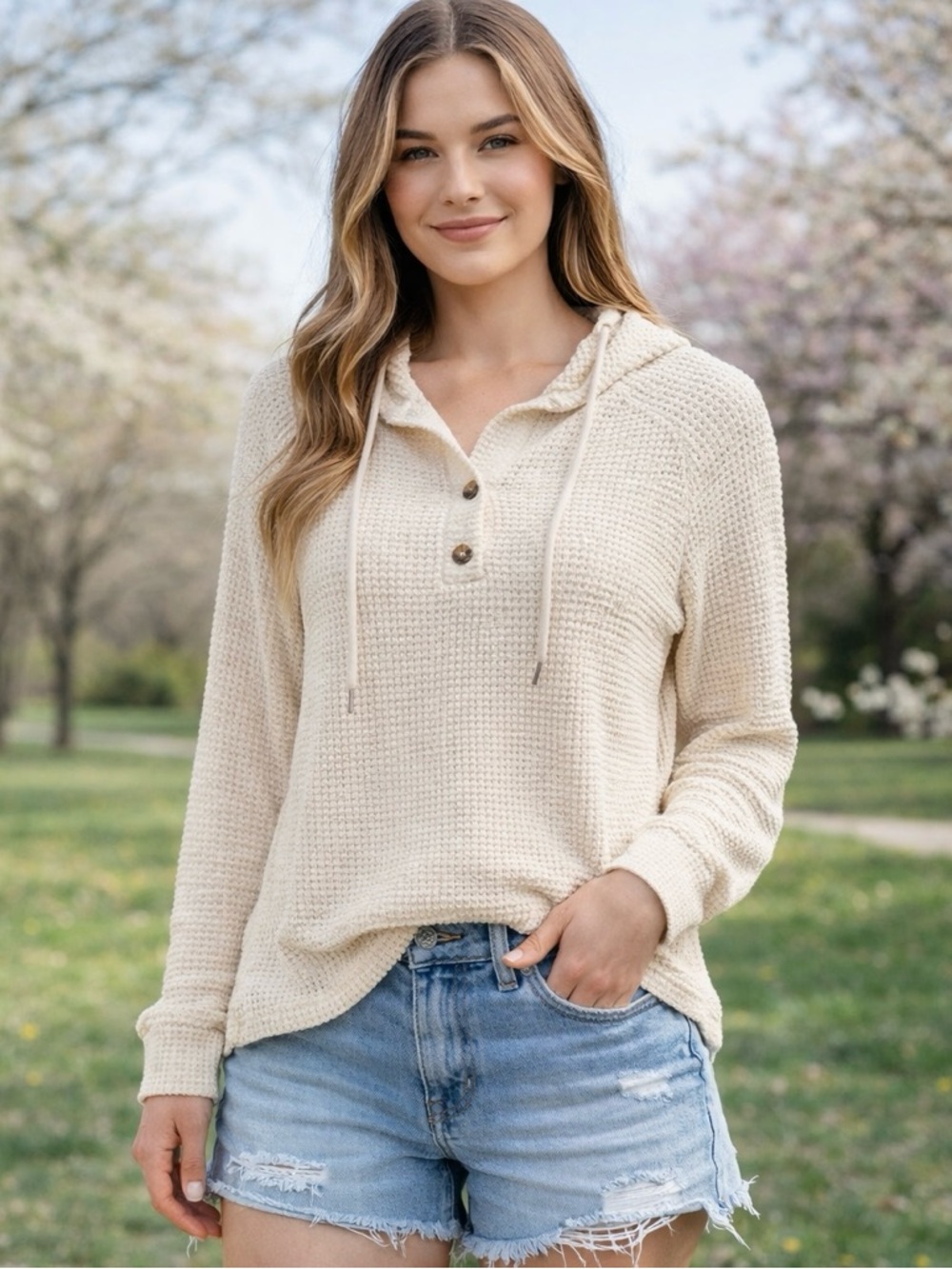 Waffle Knit Hooded Sweater NWOT | Cozy Thermal | Size Small